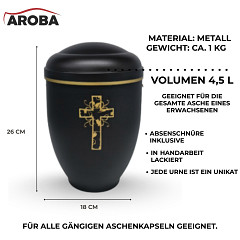Handgefertigte Urne aus mattschwarzem Metall mit goldenem Kreuz – 4,5 L für Menschliche Asche – Christliche Gedenkurne mit Aschekapsel-Einsatz – Symbol für Trost, Glauben & Ewigkeit