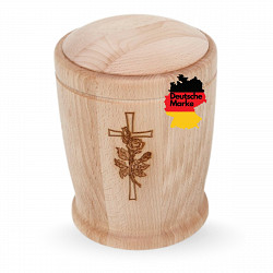 Handgefertigte Mini-Urne aus Buchenholz mit Kreuz & Rose – Zylinder Erinnerungsurne – Gedenkurne – 10 cm hoch – Kleine Urne für Teilasche, Tierasche oder Andenken – Natürlich, graviert & stilvoll