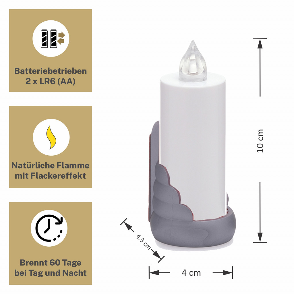 AROBA LED Grabkerze Trauerlicht - Flackereffekt wie echte Kerze - lange Brenndauer bis 60 Tage - wiederverwendbar Friedhofskerze Gedenkkerze Dauerkerze - weiß Silber