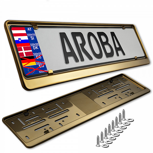 2x Premium Gold 100% Stainless Steel License Plate Frame High Shine Polished for Austria, Slowenia, Denmark, Hungary (LICENSE PLATE SIZE 520MM X 120MM)