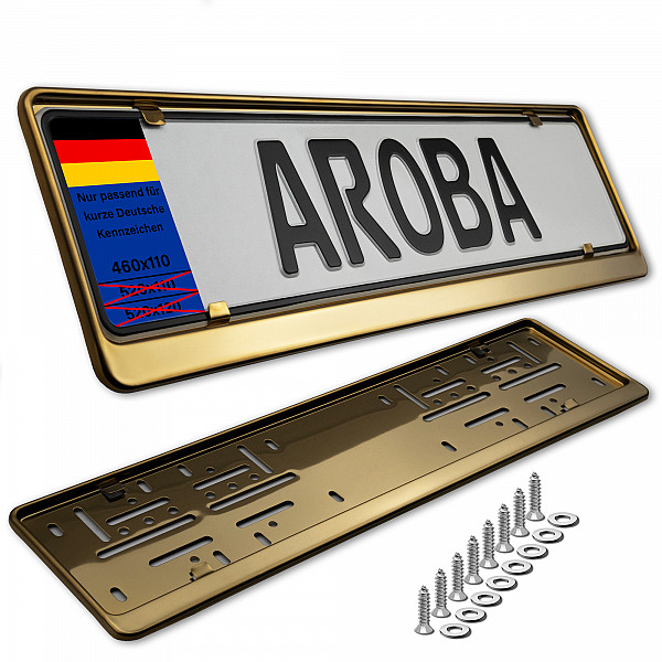 2x Premium Gold 100% Stainless Steel License Plate Frame High Shine Polished for German Short Plates (LICENSE PLATE SIZE 460MM X 110MM)