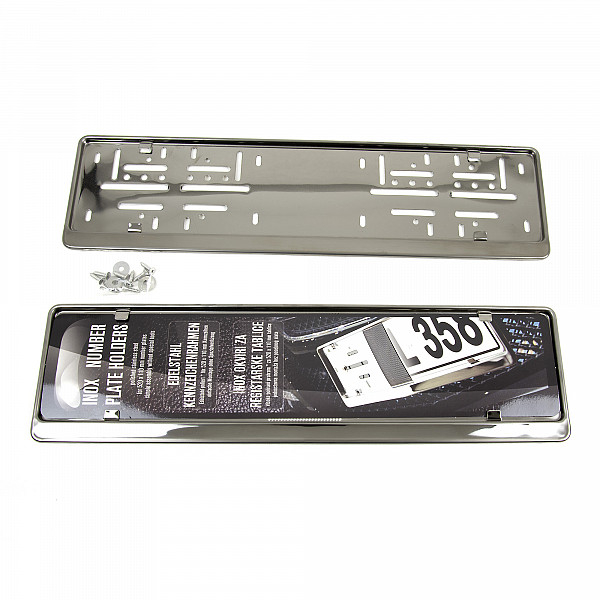 2x Premium Auto Kennzeichenhalter 100% EDELSTAHL GRAPHITE poliert (Dark Mirror) für DEUTSCHLAND und EU (Kennzeichen der Größe 520mm x 110mm) Nummernschildhalter Kennzeichenhalterung Kennzeichenrahmen INOX Rostfreier Stahl V2A