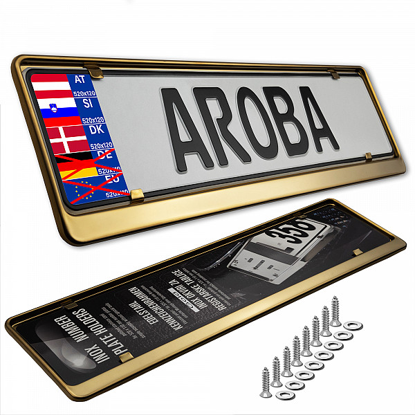 2x Premium Gold 100% Stainless Steel License Plate Frame High Shine Polished for Austria, Slowenia, Denmark, Hungary (LICENSE PLATE SIZE 520MM X 120MM)