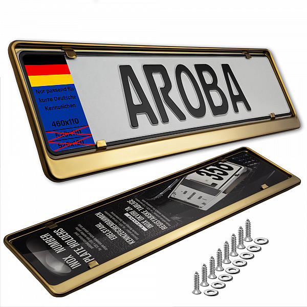 2x Premium Gold 100% Stainless Steel License Plate Frame High Shine Polished for German Short Plates (LICENSE PLATE SIZE 460MM X 110MM)