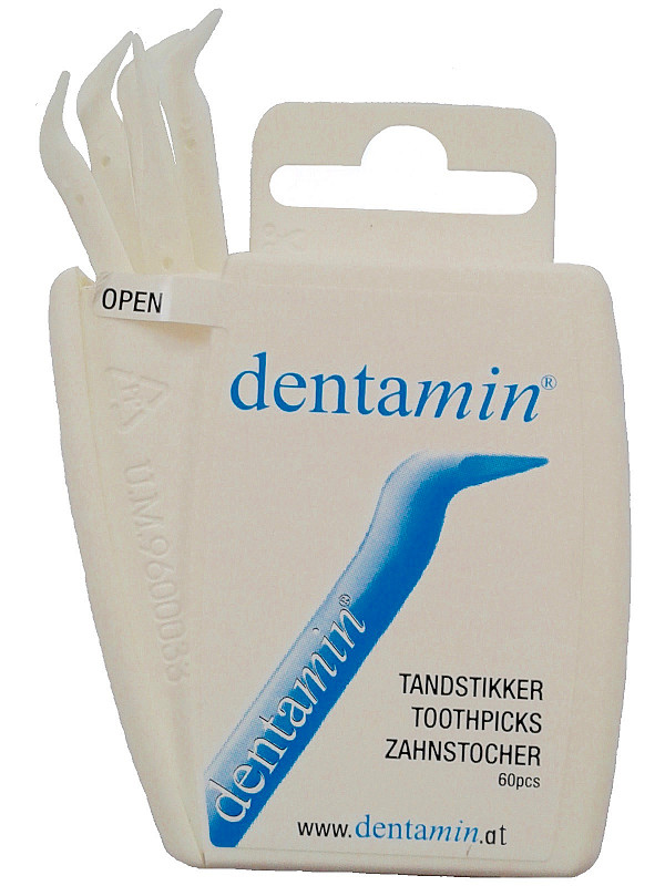 3x 60 dentamin zobotrebcev v žepni škatli – 180 zobotrebcev s kavljem – bela – original dentamin – v praktični dozirni škatli