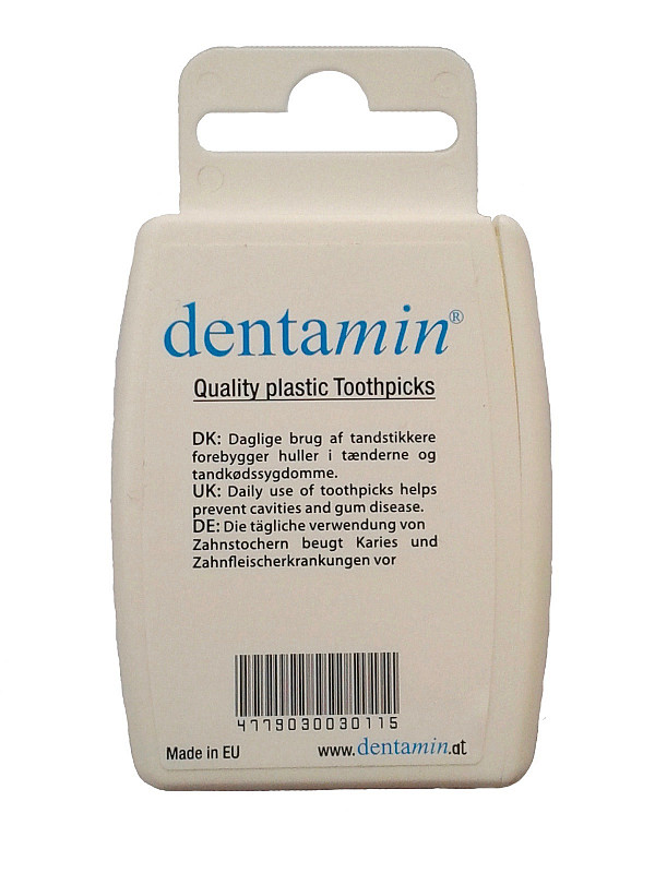 3x 60 dentamin zobotrebcev v žepni škatli – 180 zobotrebcev s kavljem – bela – original dentamin – v praktični dozirni škatli