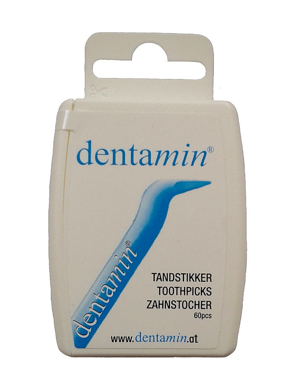 60 dentamin zobotrebcev v žepni škatli – 60 zobotrebcev s kavljem – bela – original dentamin – v praktični dozirni škatli
