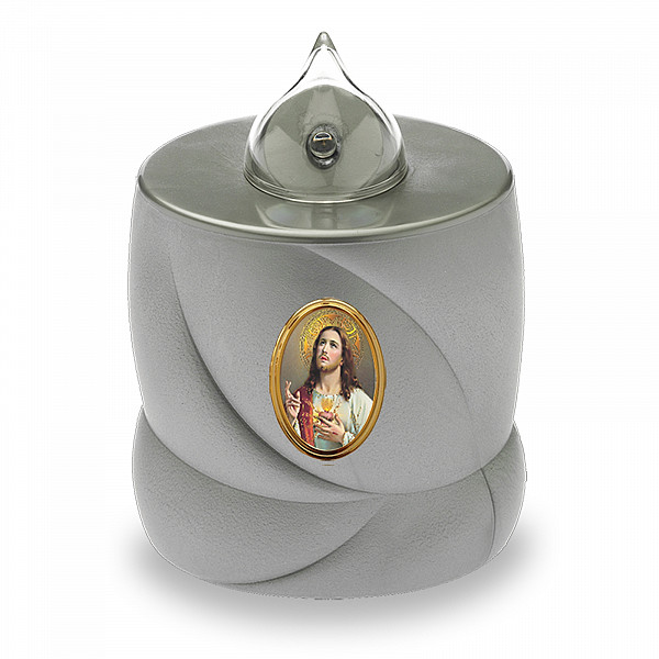 AROBA 2x LED Grabkerze Trauerlicht - Flackereffekt wie echte Kerze - lange Brenndauer bis 200 Tage - wiederverwendbar Friedhofskerze Gedenkkerze Dauerkerze - silber Jesus