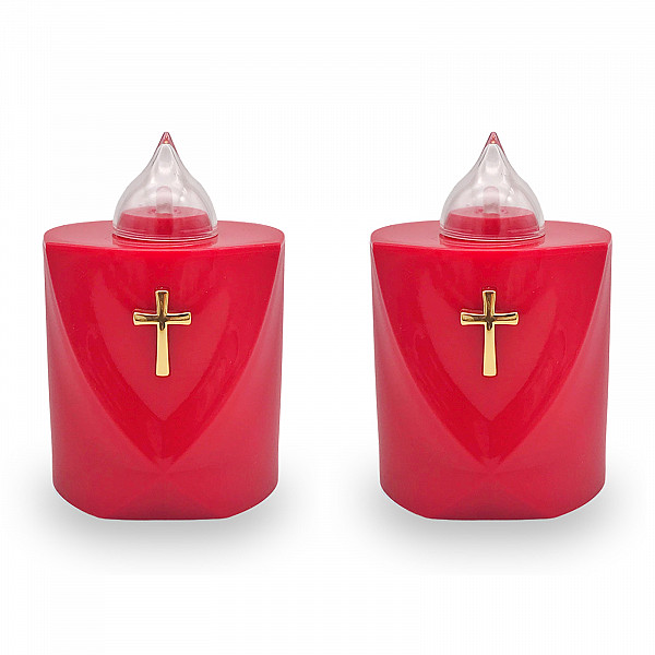 AROBA 2x LED Grabkerze Trauerlicht - Flackereffekt wie echte Kerze - lange Brenndauer bis 120 Tage - wiederverwendbar Friedhofskerze Gedenkkerze Dauerkerze - rot Heiliges Kreuz