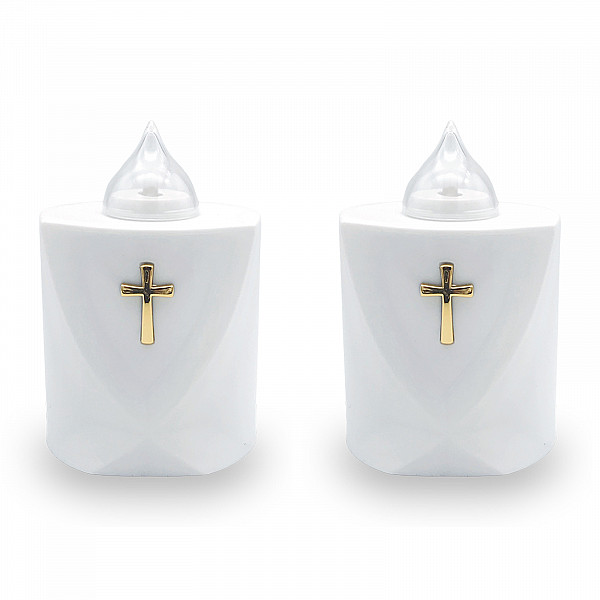 AROBA 2x LED Grabkerze Trauerlicht - Flackereffekt wie echte Kerze - lange Brenndauer bis 120 Tage - wiederverwendbar Friedhofskerze Gedenkkerze Dauerkerze - weiß Heiliges Kreuz