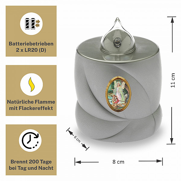 AROBA 2x LED Grabkerze Trauerlicht - Flackereffekt wie echte Kerze - lange Brenndauer bis 200 Tage - wiederverwendbar Friedhofskerze Gedenkkerze Dauerkerze - silber Heiliger Engel