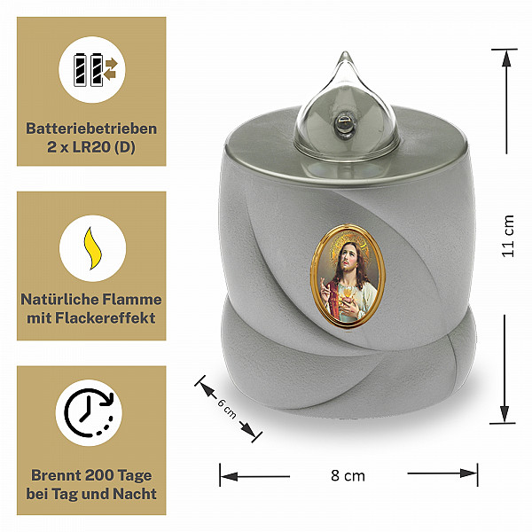 AROBA 2x LED Grabkerze Trauerlicht - Flackereffekt wie echte Kerze - lange Brenndauer bis 200 Tage - wiederverwendbar Friedhofskerze Gedenkkerze Dauerkerze - silber Jesus