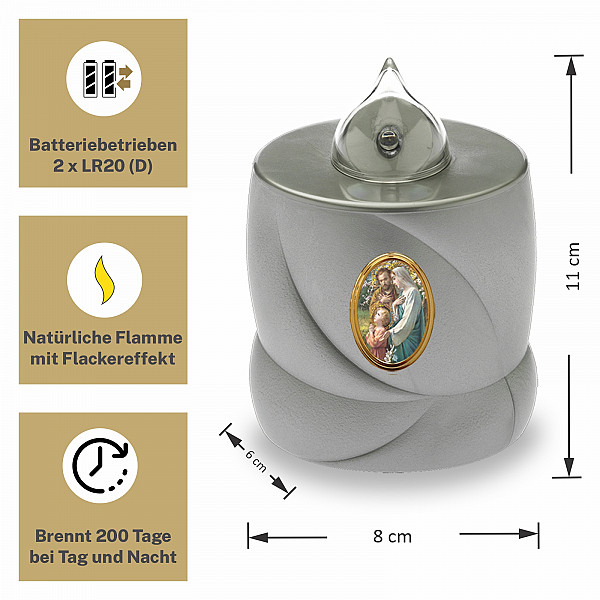 AROBA 2x LED Grabkerze Trauerlicht - Flackereffekt wie echte Kerze - lange Brenndauer bis 200 Tage - wiederverwendbar Friedhofskerze Gedenkkerze Dauerkerze - silber Heilige Familie