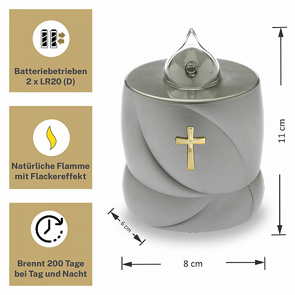 AROBA 2x LED Grabkerze Trauerlicht - Flackereffekt wie echte Kerze - lange Brenndauer bis 200 Tage - wiederverwendbar Friedhofskerze Gedenkkerze Dauerkerze - silber Heiliges Kreuz