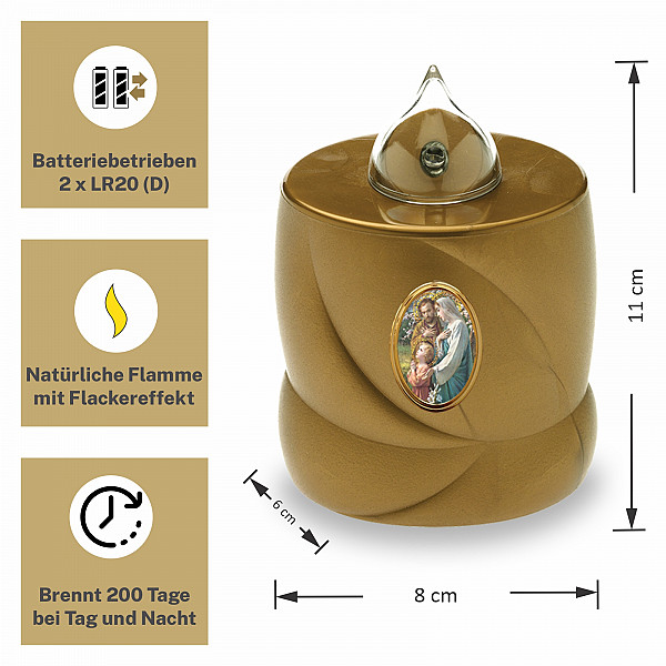 AROBA 2x LED grave candle memorial light – flickering effect like a real candle – long burning time up to 200 days – reusable cemetery candle remembrance candle eternal candle – GOLD – HOLY FAMILY