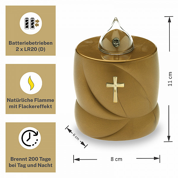 AROBA 2x LED Grabkerze Trauerlicht - Flackereffekt wie echte Kerze - lange Brenndauer bis 200 Tage - wiederverwendbar Friedhofskerze Gedenkkerze Dauerkerze - gold Heiliges Kreuz