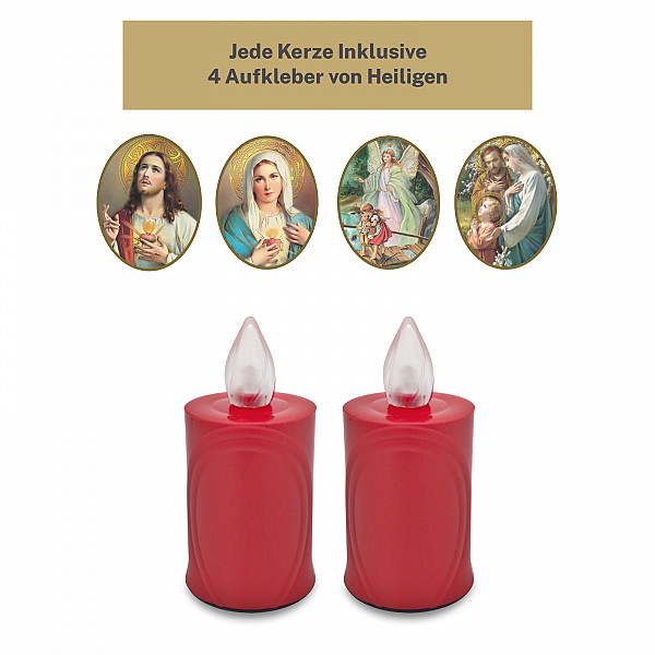 AROBA 2x LED grave candle memorial light – flickering effect like a real candle – long burning time up to 120 days – reusable cemetery candle remembrance candle eternal candle – RED – MIXED SAINTS Sticker Set