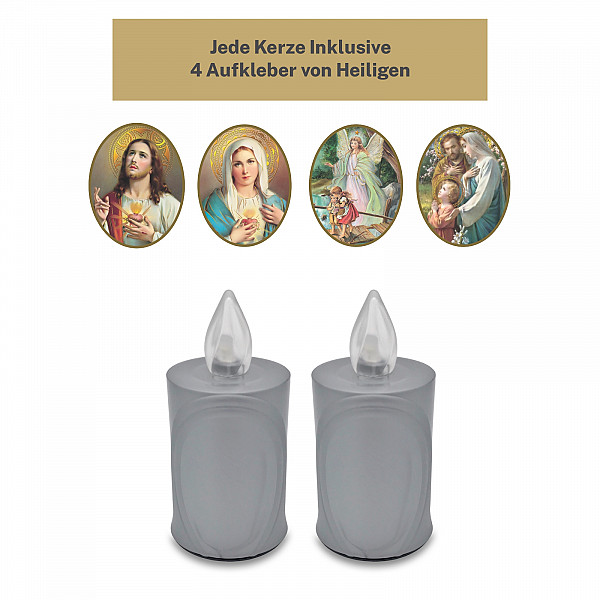 AROBA 2x LED grave candle memorial light – flickering effect like a real candle – long burning time up to 120 days – reusable cemetery candle remembrance candle eternal candle – SILVER – MIXED SAINTS Sticker Set