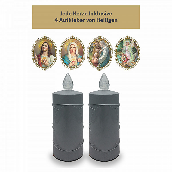 AROBA 2x LED grave candle memorial light – flickering effect like a real candle – long burning time up to 120 days – reusable cemetery candle remembrance candle eternal candle – SILVER – MIXED SAINTS Sticker Set
