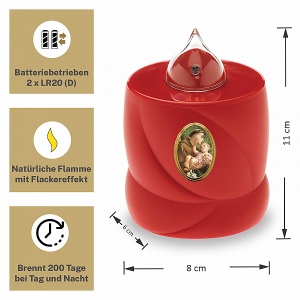 AROBA 2x LED Grabkerze Trauerlicht - Flackereffekt wie echte Kerze - lange Brenndauer bis 200 Tage - wiederverwendbar Friedhofskerze Gedenkkerze Dauerkerze - rot Heiliger Antonius