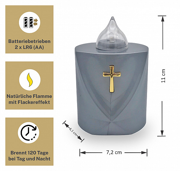 AROBA 2x LED Grabkerze Trauerlicht - Flackereffekt wie echte Kerze - lange Brenndauer bis 120 Tage - wiederverwendbar Friedhofskerze Gedenkkerze Dauerkerze - silber Heiliges Kreuz
