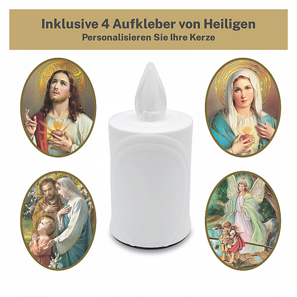 AROBA 2x LED Grabkerze Trauerlicht - Flackereffekt wie echte Kerze - lange Brenndauer bis 120 Tage - wiederverwendbar Friedhofskerze Gedenkkerze - weiß inkl. Auswahl an Heiligen