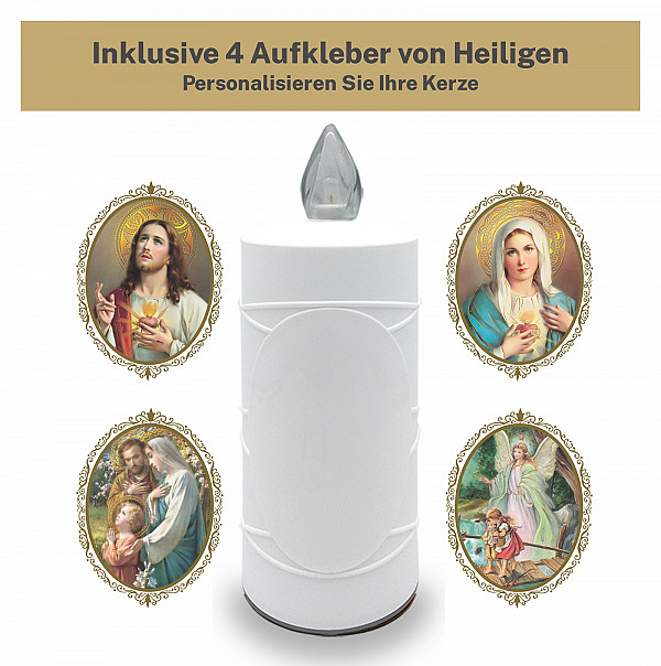 AROBA 2x LED grave candle memorial light – flickering effect like a real candle – long burning time up to 120 days – reusable cemetery candle remembrance candle eternal candle – WHITE – MIXED SAINTS Sticker Set