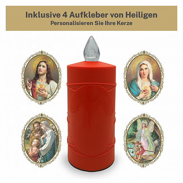 AROBA 2x LED Grabkerze Trauerlicht - Flackereffekt wie echte Kerze - lange Brenndauer bis 120 Tage - wiederverwendbar Friedhofskerze Gedenkkerze - rot inkl. Auswahl an Heiligen