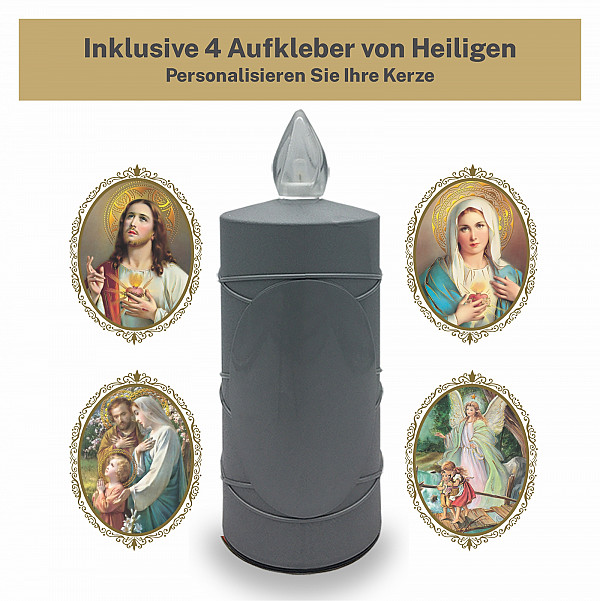 AROBA 2x LED grave candle memorial light – flickering effect like a real candle – long burning time up to 120 days – reusable cemetery candle remembrance candle eternal candle – SILVER – MIXED SAINTS Sticker Set