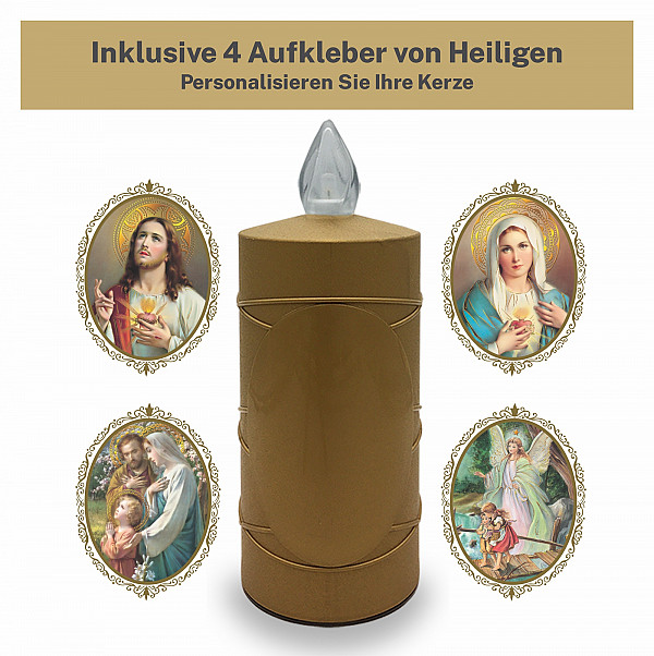 AROBA 2x LED Grabkerze Trauerlicht - Flackereffekt wie echte Kerze - lange Brenndauer bis 120 Tage - wiederverwendbar Friedhofskerze Gedenkkerze - gold inkl. Auswahl an Heiligen