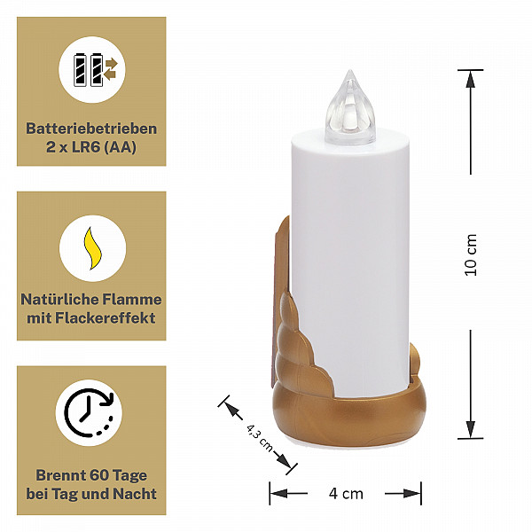 AROBA 2x LED Grabkerze Trauerlicht - Flackereffekt wie echte Kerze - lange Brenndauer bis 60 Tage - wiederverwendbar Friedhofskerze Gedenkkerze Dauerkerze - weiß Gold