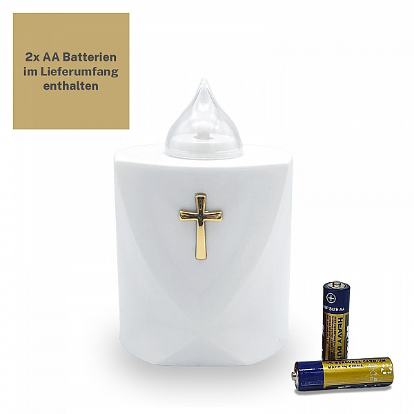 AROBA 2x LED Grabkerze Trauerlicht - Flackereffekt wie echte Kerze - lange Brenndauer bis 120 Tage - wiederverwendbar Friedhofskerze Gedenkkerze Dauerkerze - weiß Heiliges Kreuz