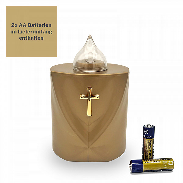AROBA 2x LED Grabkerze Trauerlicht - Flackereffekt wie echte Kerze - lange Brenndauer bis 120 Tage - wiederverwendbar Friedhofskerze Gedenkkerze Dauerkerze - gold Heiliges Kreuz