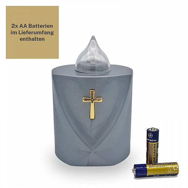 AROBA 2x LED Grabkerze Trauerlicht - Flackereffekt wie echte Kerze - lange Brenndauer bis 120 Tage - wiederverwendbar Friedhofskerze Gedenkkerze Dauerkerze - silber Heiliges Kreuz