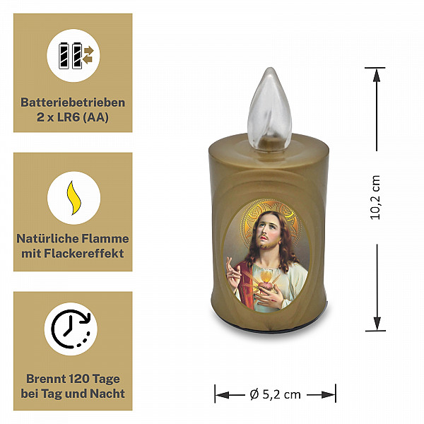 AROBA 2x LED Grabkerze Trauerlicht - Flackereffekt wie echte Kerze - lange Brenndauer bis 120 Tage - wiederverwendbar Friedhofskerze Gedenkkerze - gold inkl. Auswahl an Heiligen