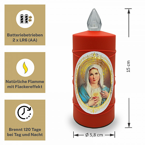 AROBA 2x LED Grabkerze Trauerlicht - Flackereffekt wie echte Kerze - lange Brenndauer bis 120 Tage - wiederverwendbar Friedhofskerze Gedenkkerze - rot inkl. Auswahl an Heiligen