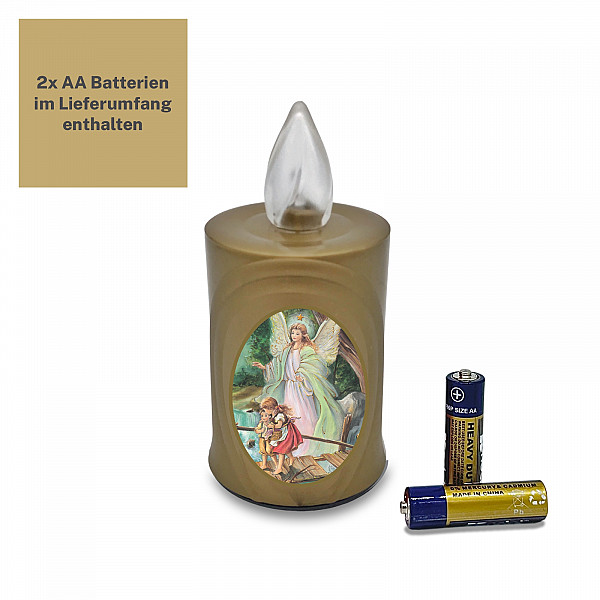 AROBA 2x LED Grabkerze Trauerlicht - Flackereffekt wie echte Kerze - lange Brenndauer bis 120 Tage - wiederverwendbar Friedhofskerze Gedenkkerze - gold inkl. Auswahl an Heiligen