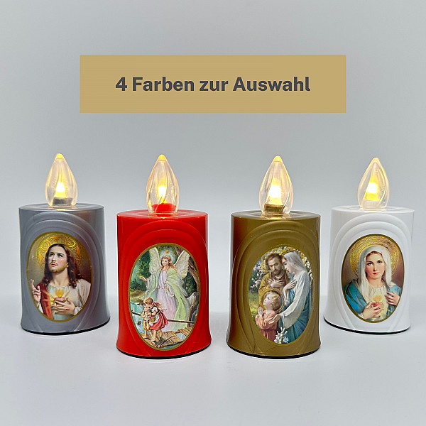 AROBA 2x LED Grabkerze Trauerlicht - Flackereffekt wie echte Kerze - lange Brenndauer bis 120 Tage - wiederverwendbar Friedhofskerze Gedenkkerze - gold inkl. Auswahl an Heiligen