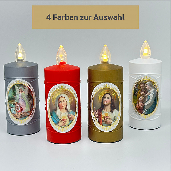 AROBA 2x LED Grabkerze Trauerlicht - Flackereffekt wie echte Kerze - lange Brenndauer bis 120 Tage - wiederverwendbar Friedhofskerze Gedenkkerze - gold inkl. Auswahl an Heiligen