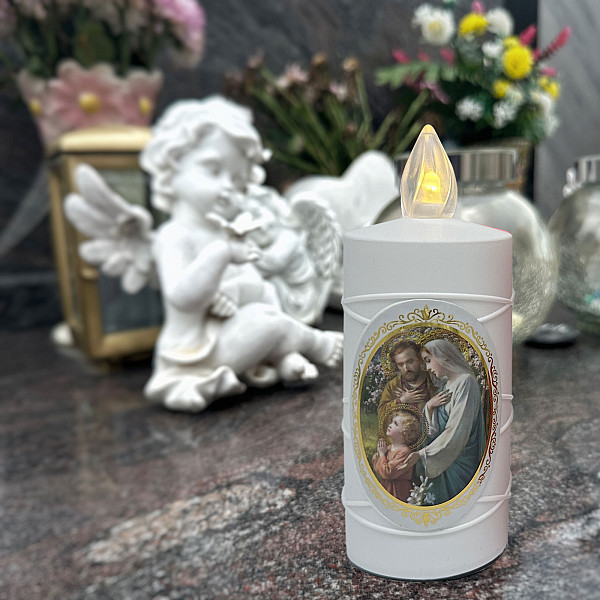 AROBA 2x LED grave candle memorial light – flickering effect like a real candle – long burning time up to 120 days – reusable cemetery candle remembrance candle eternal candle – WHITE – MIXED SAINTS Sticker Set