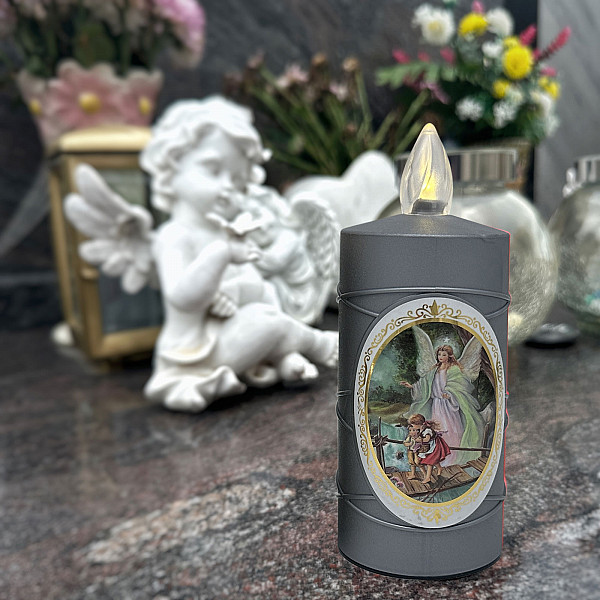 AROBA 2x LED grave candle memorial light – flickering effect like a real candle – long burning time up to 120 days – reusable cemetery candle remembrance candle eternal candle – SILVER – MIXED SAINTS Sticker Set