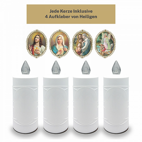 AROBA 2x LED grave candle memorial light – flickering effect like a real candle – long burning time up to 120 days – reusable cemetery candle remembrance candle eternal candle – WHITE – MIXED SAINTS Sticker Set