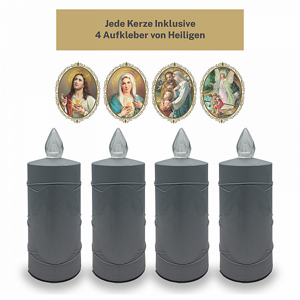 AROBA 2x LED grave candle memorial light – flickering effect like a real candle – long burning time up to 120 days – reusable cemetery candle remembrance candle eternal candle – SILVER – MIXED SAINTS Sticker Set