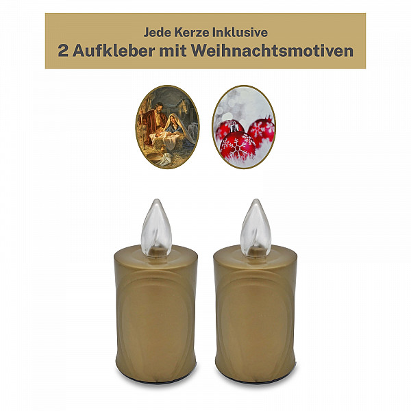 AROBA 2x LED CHRISTMAS CANDLE – with flickering effect like a real candle – long burning time up to 120 days – reusable – Christmas – GOLD – CHRISTMAS Sticker Set