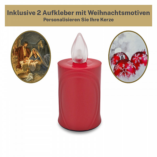AROBA 2x LED WEIHNACHTSKERZE - mit Flackereffekt wie echte Kerze - lange Brenndauer bis 120 Tage - wiederverwendbar - Christmas - rot mit Weihnachtsmotiv