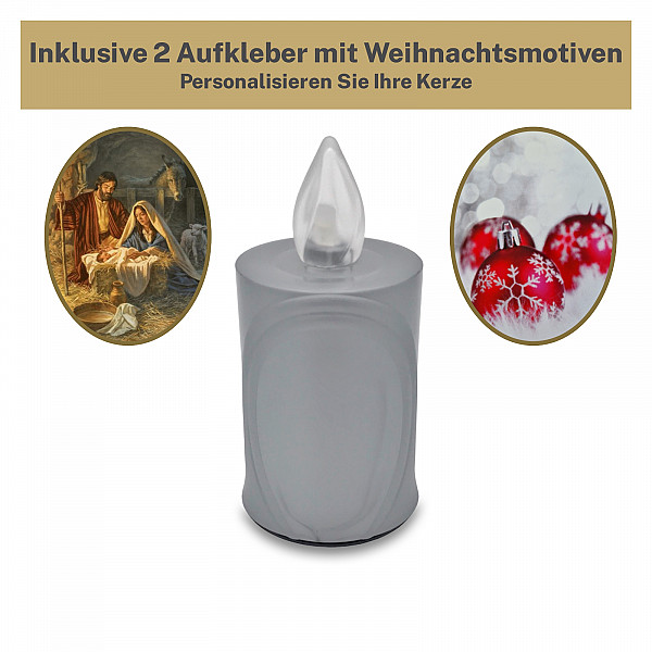 AROBA 2x LED CHRISTMAS CANDLE – with flickering effect like a real candle – long burning time up to 120 days – reusable – Christmas – SILVER – CHRISTMAS Sticker Set