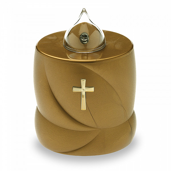 AROBA 4x LED Grabkerze Trauerlicht - Flackereffekt wie echte Kerze - lange Brenndauer bis 200 Tage - wiederverwendbar Friedhofskerze Gedenkkerze Dauerkerze - gold Heiliges Kreuz