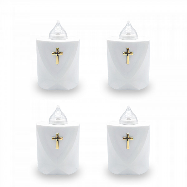 AROBA 4x LED grave candle memorial light – flickering effect like a real candle – long burning time up to 120 days – reusable cemetery candle remembrance candle eternal candle – WHITE – HOLY CROSS