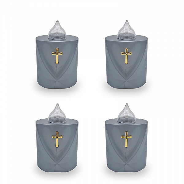 AROBA 4x LED Grabkerze Trauerlicht - Flackereffekt wie echte Kerze - lange Brenndauer bis 120 Tage - wiederverwendbar Friedhofskerze Gedenkkerze Dauerkerze - silber Heiliges Kreuz