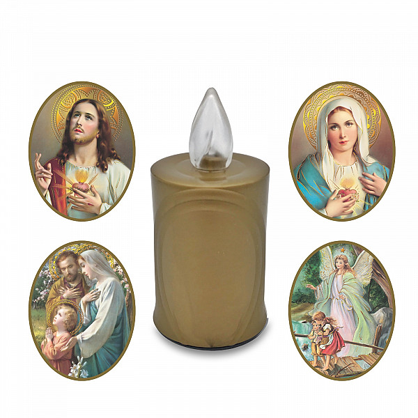 AROBA 4x LED grave candle memorial light – flickering effect like a real candle – long burning time up to 120 days – reusable cemetery candle remembrance candle eternal candle – GOLD – MIXED SAINTS Sticker Set
